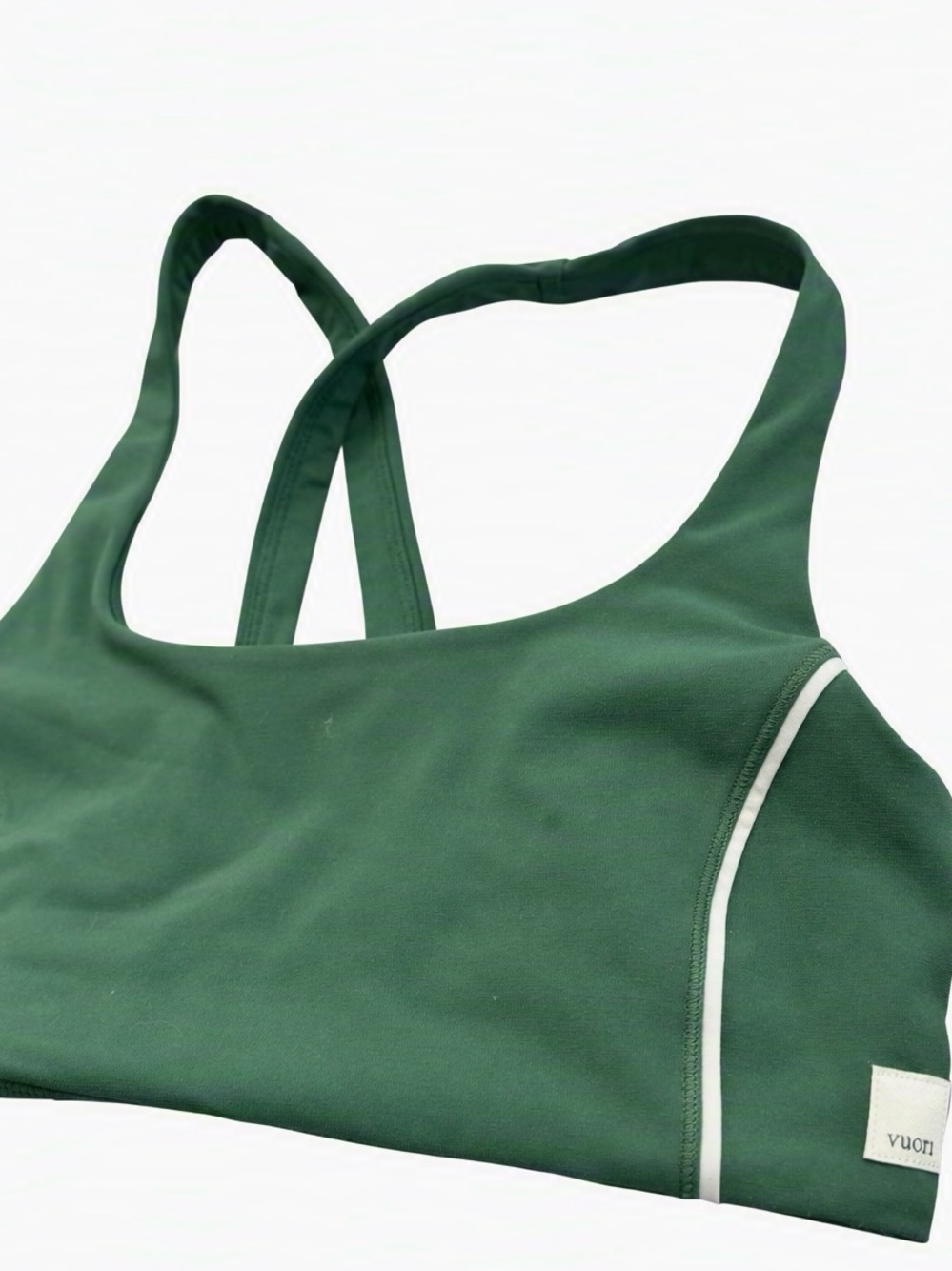 Vuori Forest Green Scoop-Back Sports Bra with White Piping